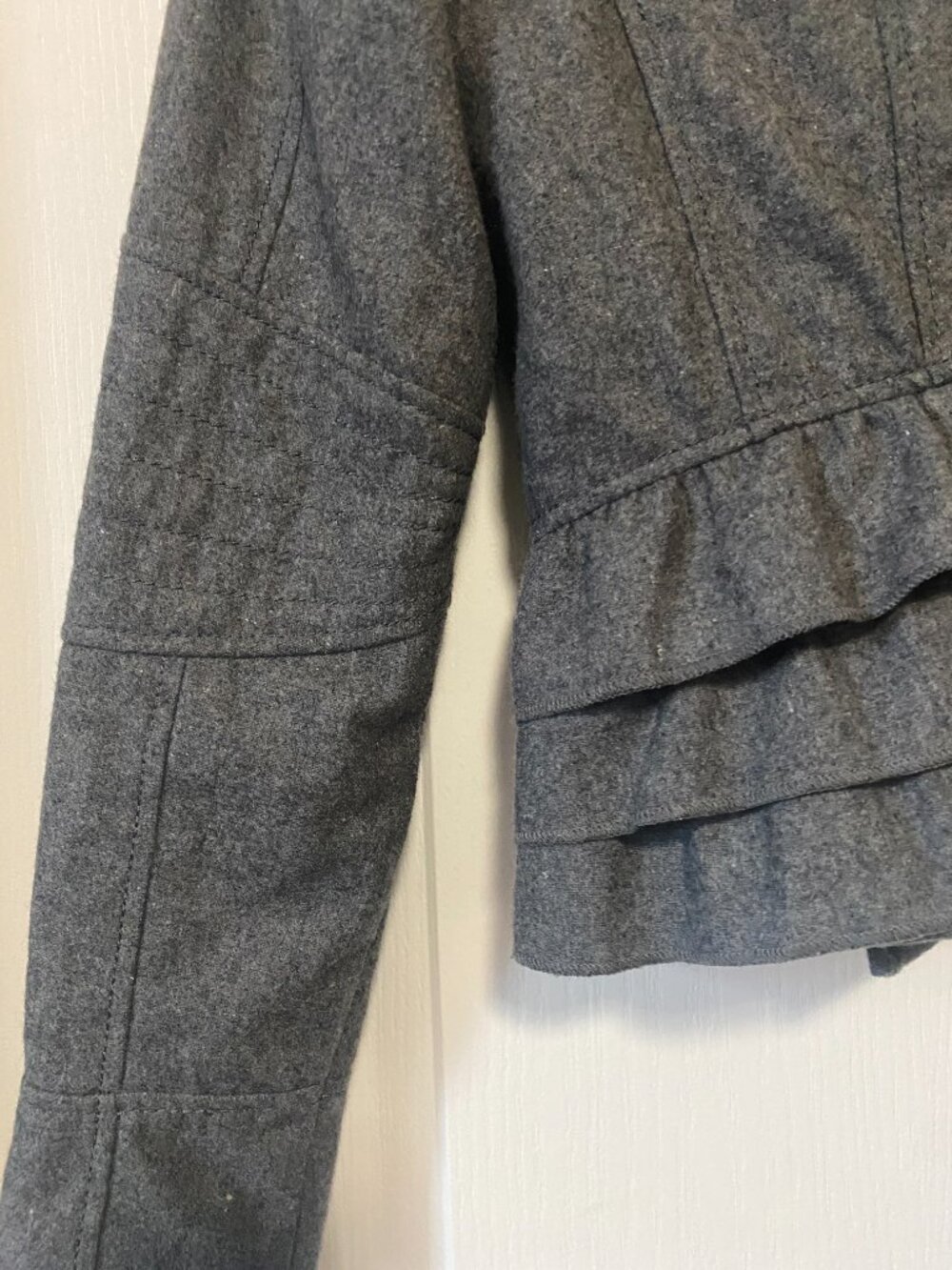 Vintage Express Gray Wool Double Breasted Military Ruffle Peplum Preppy Jacket - Picture 8 of 12